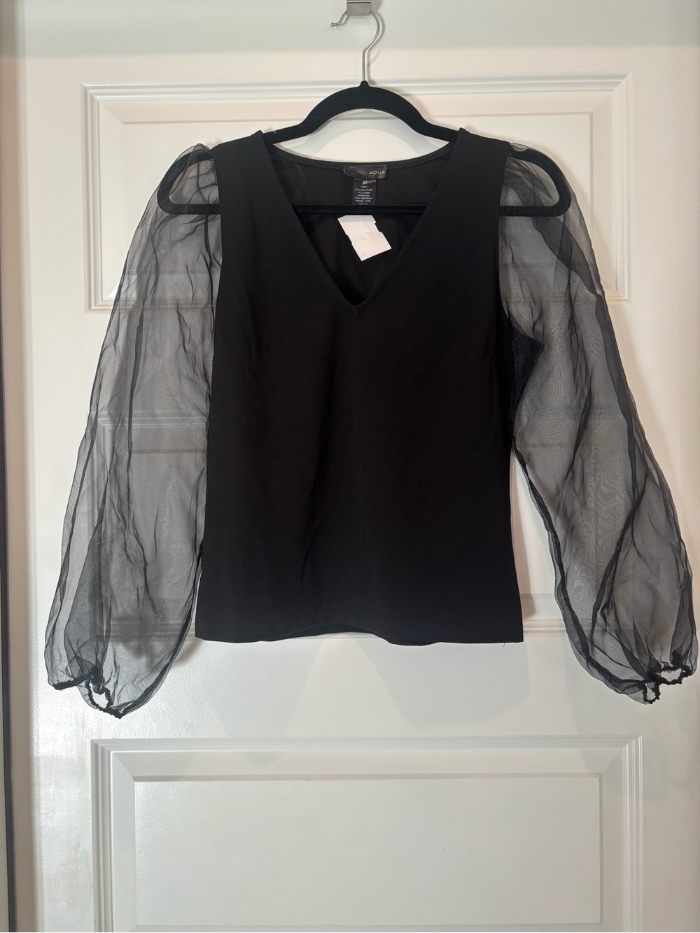 Aqua Black V-Neck Organza Puff Sleeve Blouse